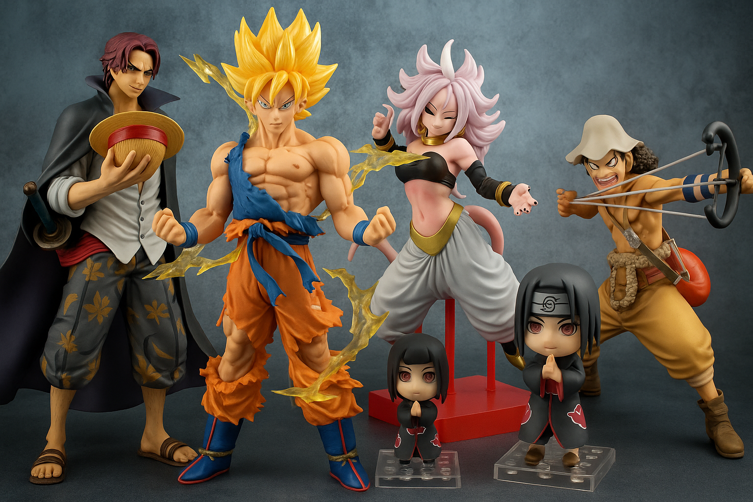 Collection of animated character figurines against a dark background